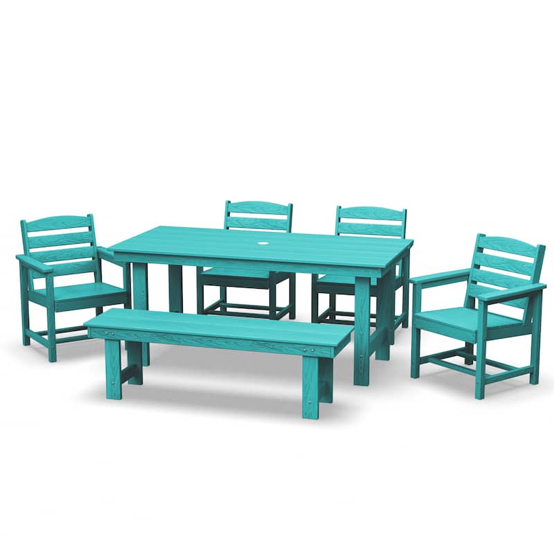 6-Piece HDPE Outdoor Dining Table Sets with Umbrella Hole - 1-Table 4-Chairs-1-Bench