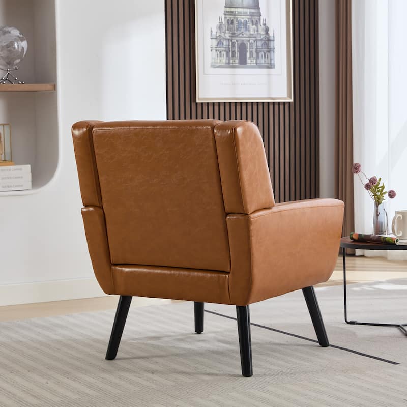 PU Leather Upholstered Accent Chair, Ergonomic Reading Side Chair, Single Sofa Chair with Curved Back & Wood Legs