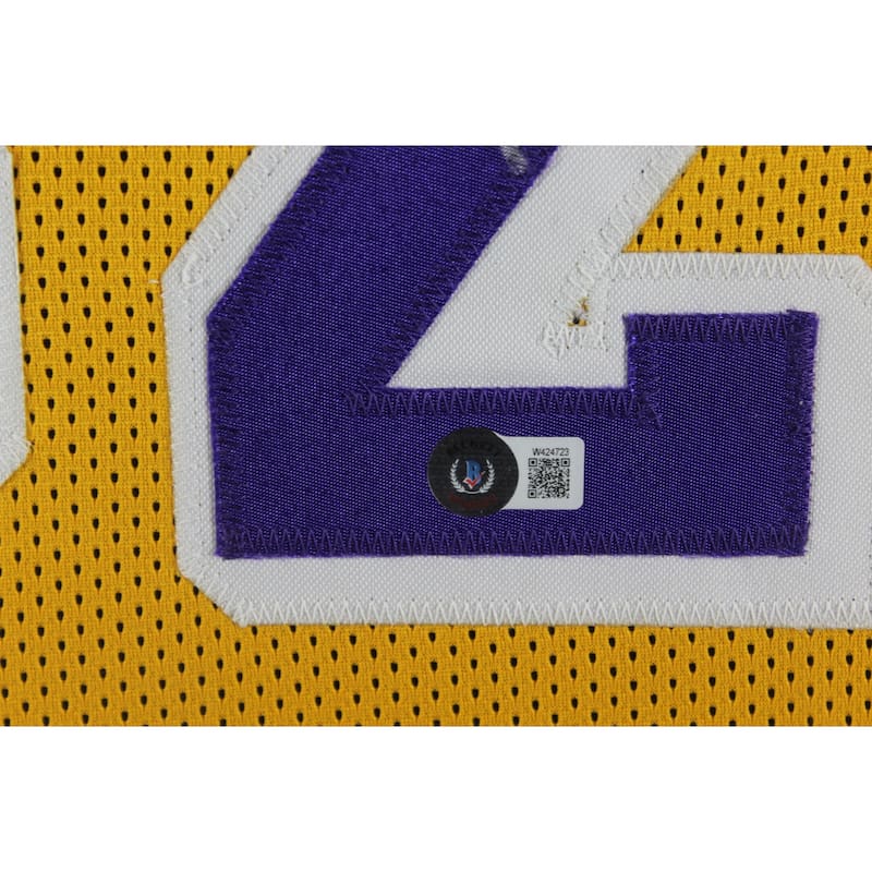 Magic Johnson Autographed Los Angeles Pro Style Gold Signed Basketball Framed Jersey Beckett COA - 8'6" x 11'6"