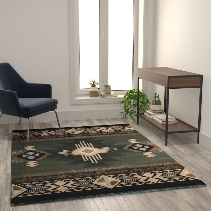 Traditional Southwestern Style Olefin Fiber Geometric Area Rug - 5' x 7' - Sage
