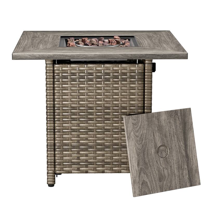 30 in. Square Brown Wicker and Metal Propane Gas Outdoor Fire Pit Table with Lava Rocks, 50000 BTU