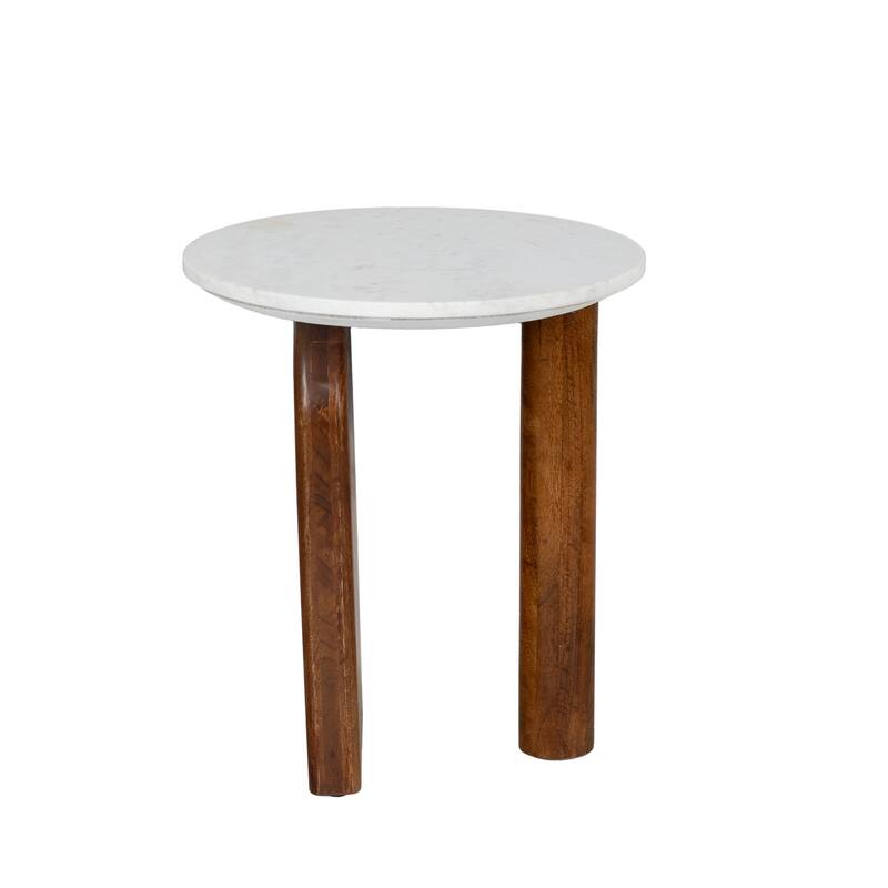 Modern Round Side Table with Banswara Marble Top & Stained Mango Wood Base - Elegant Accent Table