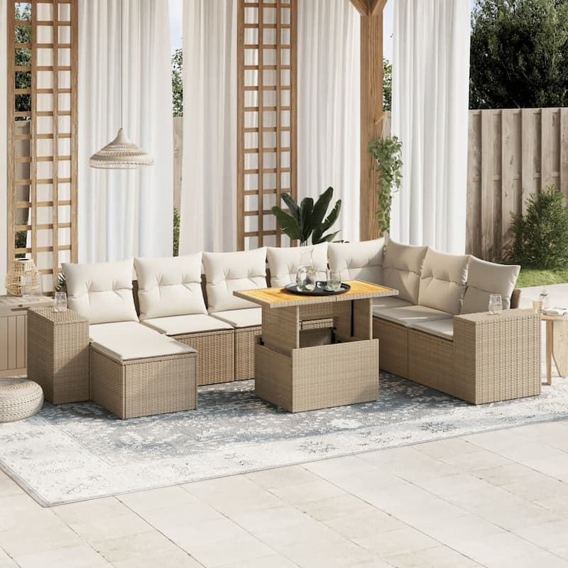 vidaXL Patio Sofa Set with Cushions Outdoor Furniture 9 Piece Poly Rattan - 21.7 x 24.4 x 27.2 - Beige and Cream-without storage