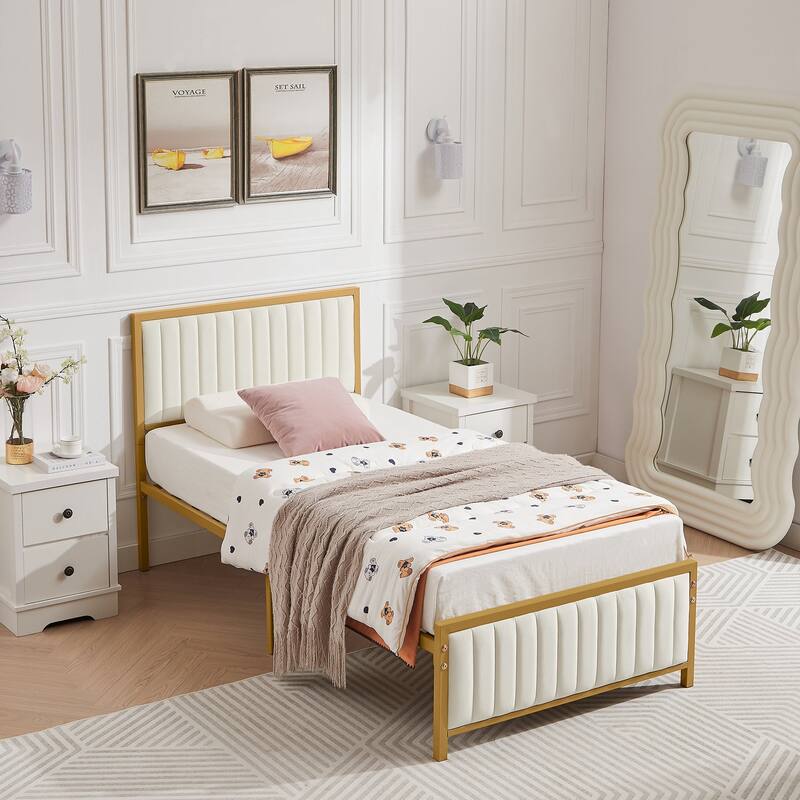 Javlergo Bed Frames with Upholstered Tufted Headboard and Footboard, Heavy Duty Steel Slats Platform, No Box Spring Needed