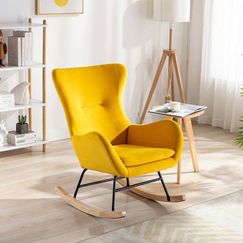 Yellow Modern 33.1" High Back Upholstered Rocking Chair with Rubber Wood Legs and Metal Frame - Yellow