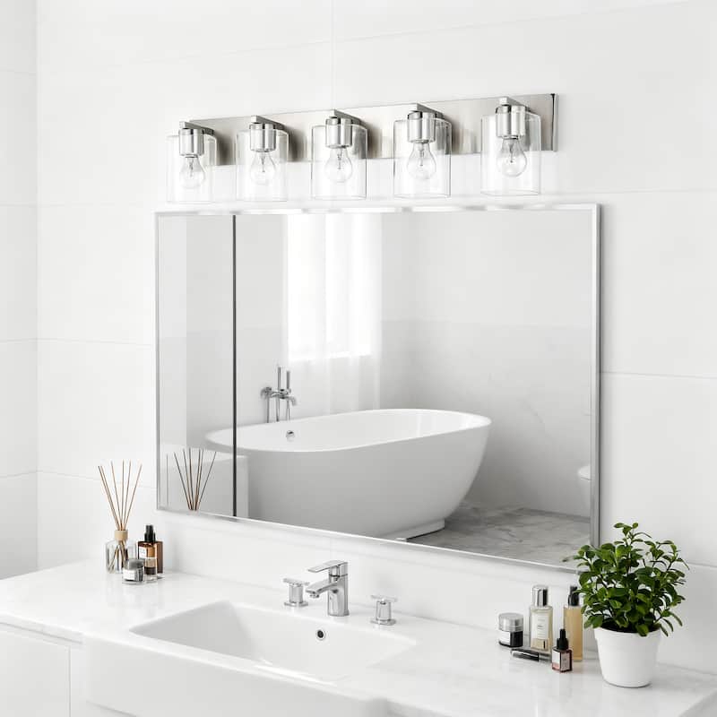 Brushed Nickel 5-Light 32 in. Vanity Light with Clear Square Glass Shades