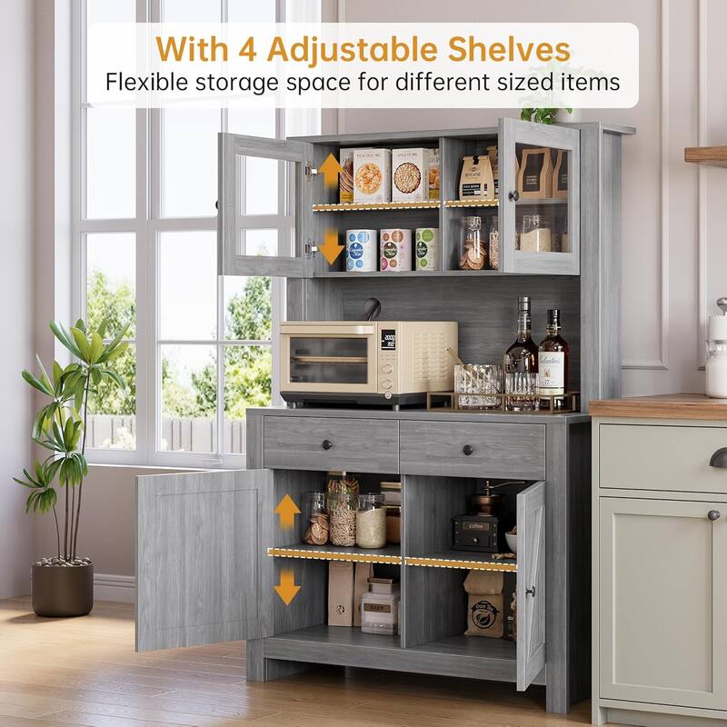 Freestanding Kitchen Pantry Cabinet with Microwave Stand & Buffet Cupboard, Adjustable Shelves for Dining Room