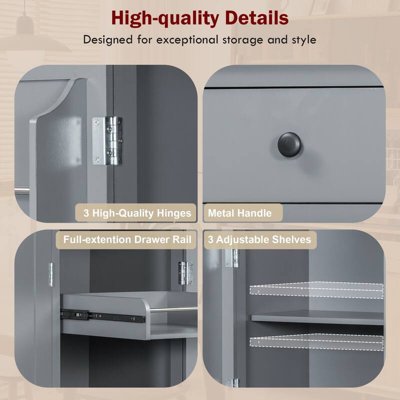 75" Farmhouse Kitchen Pantry Cabinet with Door Shelves, Large Freestanding Cupboard with Pull-Out Trays