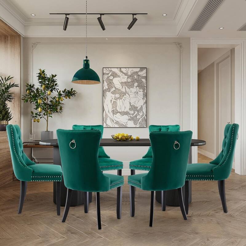 Tufted Naliheads Solid Wood Upholstered Dining Chairs Set of 6 - Green BlackLegs
