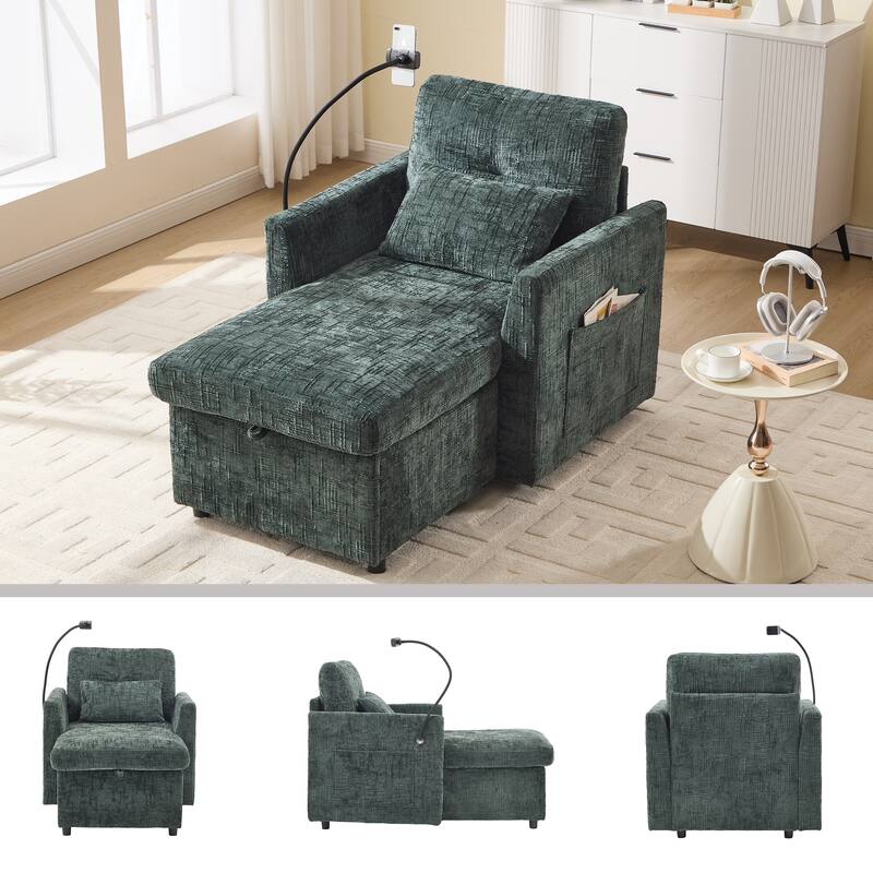Multifunctional Lazy Person Sofa Recliner,Storage Backrest With Cell Phone Bracket Chenille Single Leisure Chair - Emerald