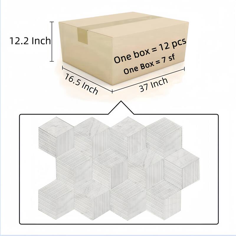 Hexagon 3D Fluted Marble Wall Tile - Textured White Natural Stone, 12-Piece Box