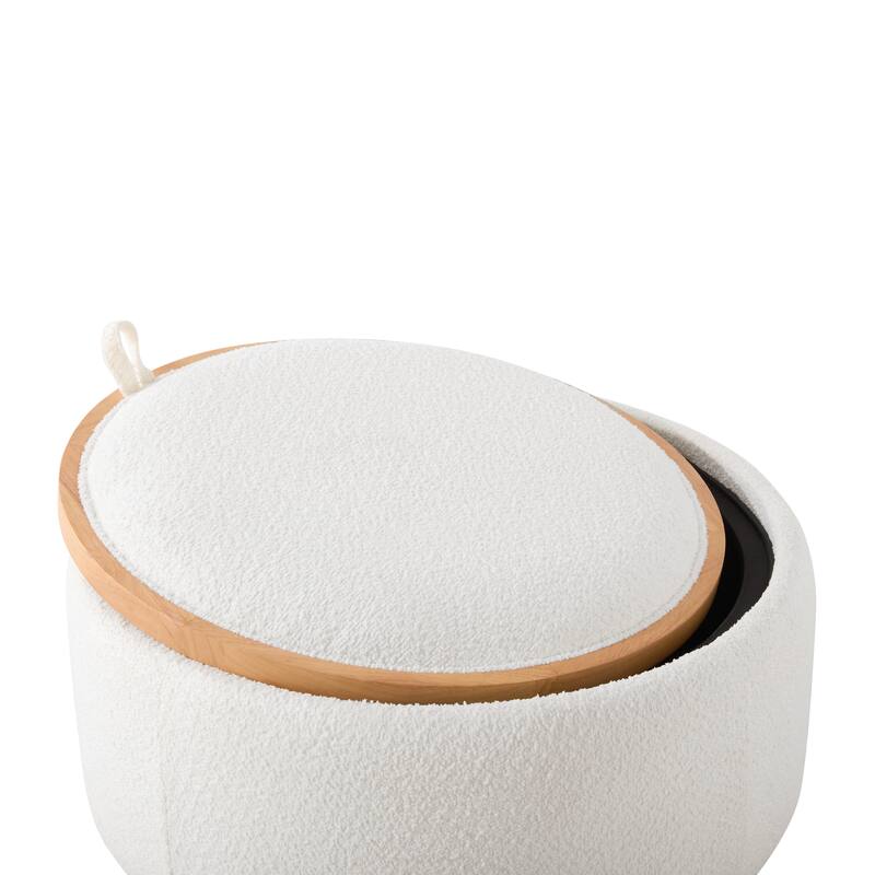 29" Round Storage Ottoman with Solid Wood Legs, Coffee Table with Reversible Lid, Boucle Fabric Footrest for Living Room
