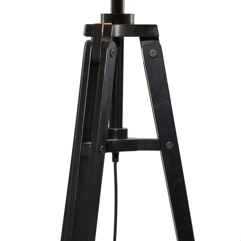 Black Wood Tripod Room Floor Lamp with Cream Linen Shade