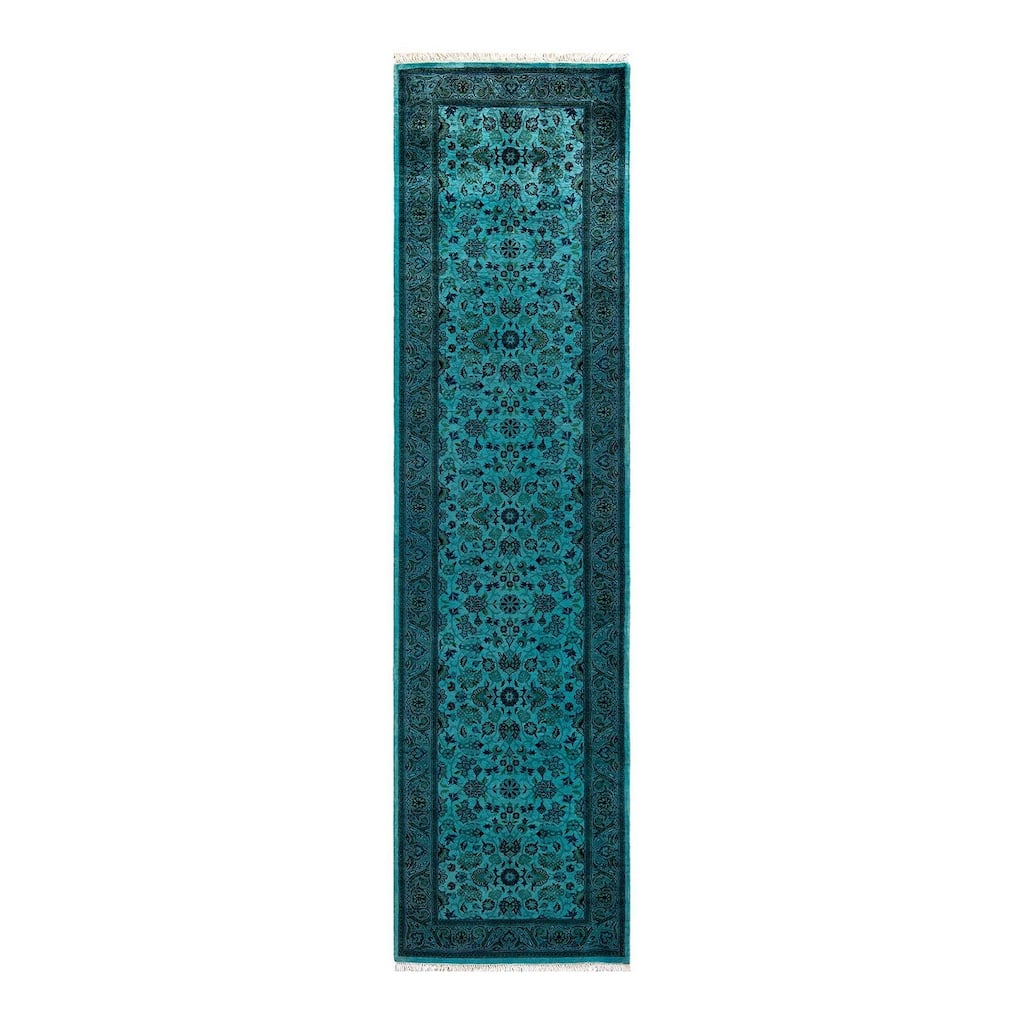 Overton Hand Knotted Wool Vintage Inspired Modern Contemporary Overdyed Blue Runner Rug - 2' 7" x 10' 4"