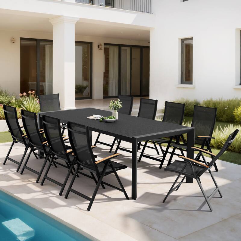 Set of 11 Outdoor Patio Dining Set WoodLike Table Top Aluminum Rectangular Umbrella Hole Table with Folding Teak Armrest Chairs