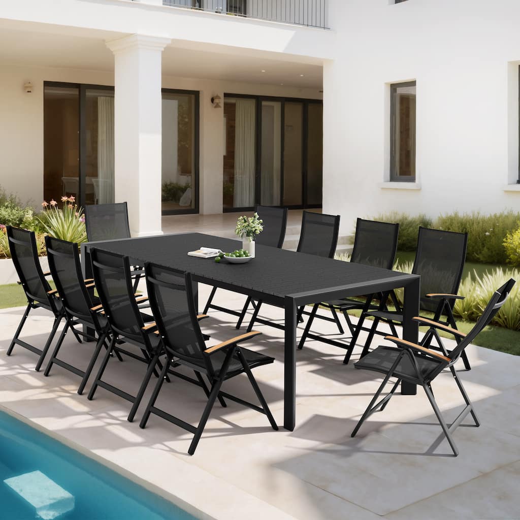 Set of 11 Outdoor Patio Dining Set WoodLike Table Top Aluminum Rectangular Umbrella Hole Table with Folding Teak Armrest Chairs