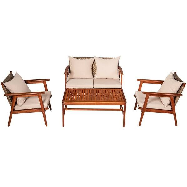 Shop Black Friday Deals On 4pcs Acacia Wood Patio Rattan Furniture Set Pictured Overstock 32306013