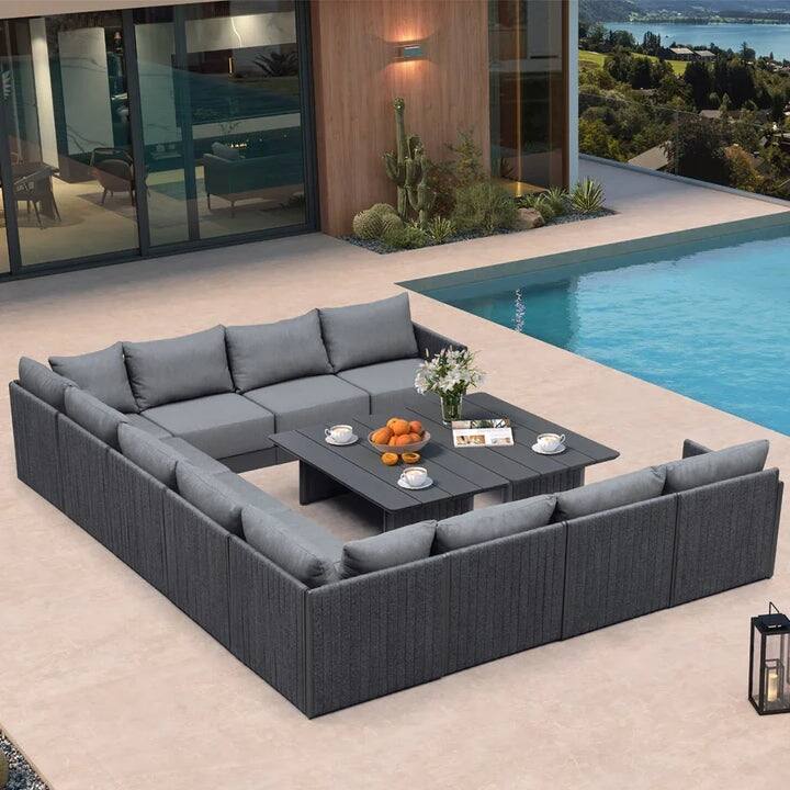 PURPLE LEAF Santorini U-Shaped 13 Piece Grey Sofa with Ottoman and Cushion for Garden Outdoor Patio Conversation Set - 11Piece+2Table