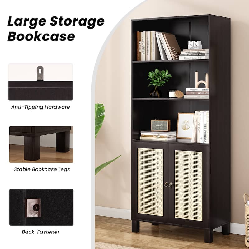 Tall Bookcase with Rattan Doors,5 Tier Storage Wood Shelves Large Bookshelf for Library Living Room Bedroom Home Office
