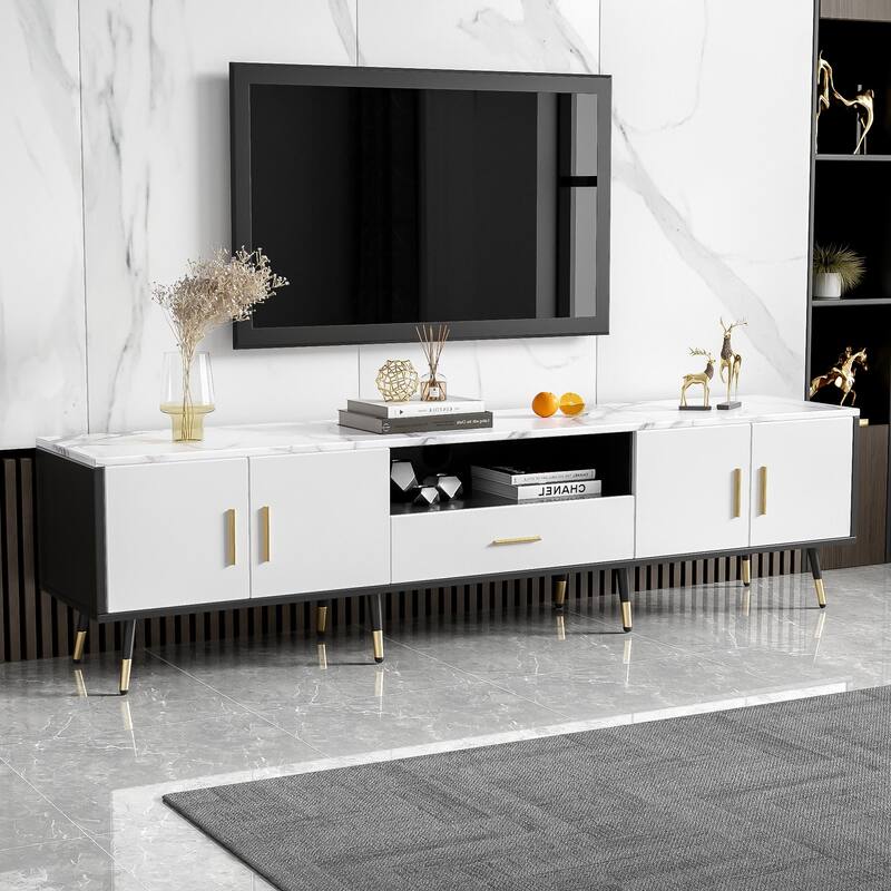 Stylish 71" TV Console for TVs up to 80", Multi-Purpose Entertainment Center with 2 Cabinets & Open Storage - White