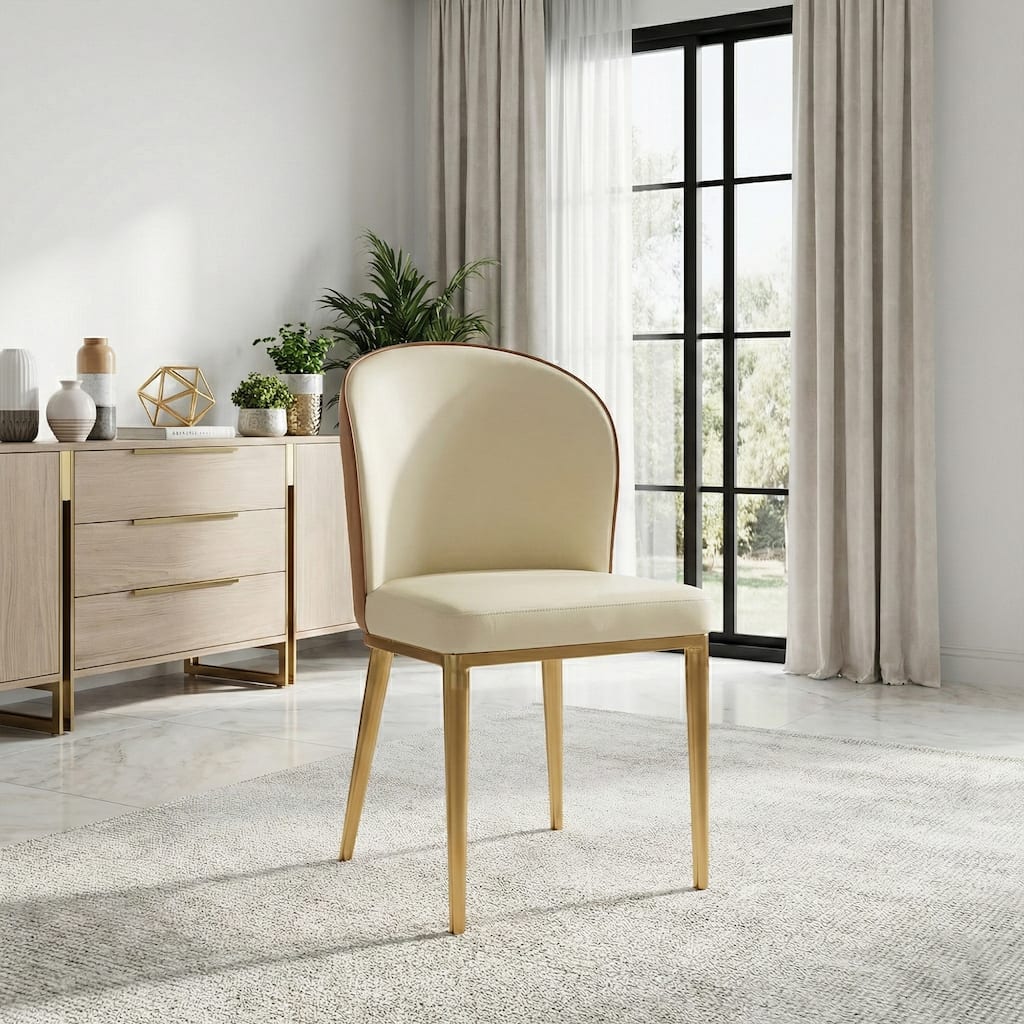 Modern Upholstered Dining Chair Set of 2 - Light Yellow Faux Leather Seat with Brown Back & Gold Metal Legs