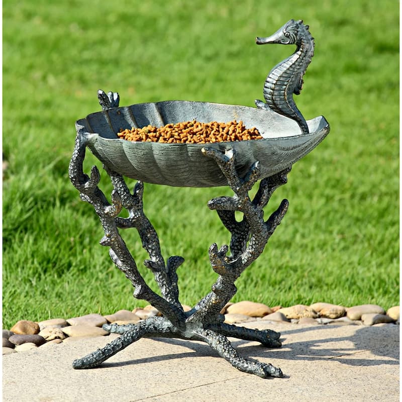 Verdigris Finish Aluminum Seahorse Birdbath / Bird Feeder - 18 X 13.5 X 12.5 inches