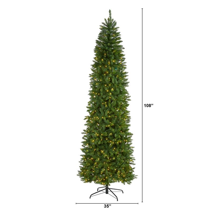 9' Slim Green Mountain Pine Artificial Christmas Tree, Warm Clear LED - 9 Foot