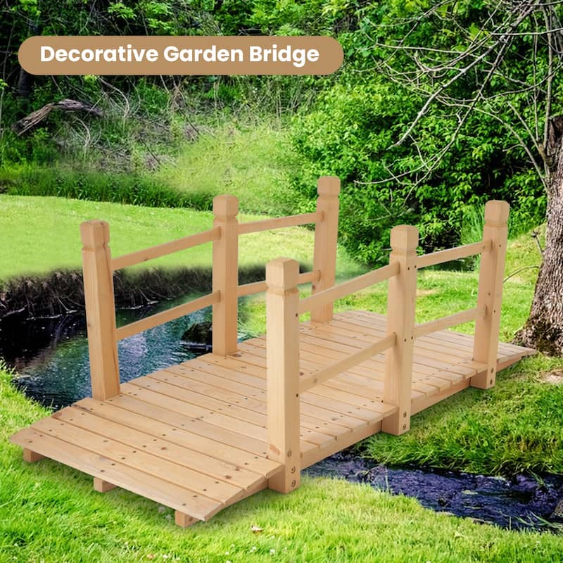 Costway 5' Wooden Garden Bridge Arc Stained Finish Footbridge Backyard