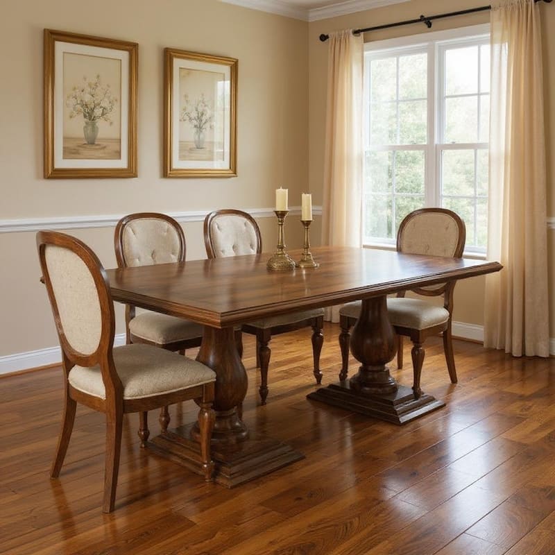 HomeRoots 75" Dark Brown Wood Double Pedestal Base Dining Table - 75.00 in. x 30.00 in. x 42.00 in. - Dark Brown - 75.00 in. x 30.00 in.  x 42.00 in.