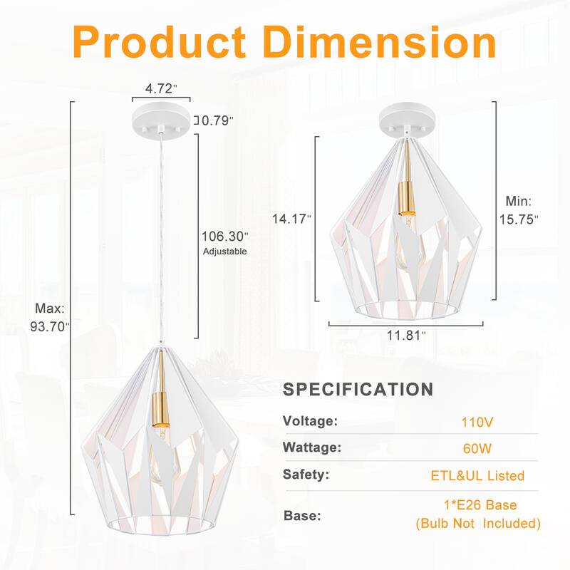 Industrial Geometric Metal Pendant Light Hanging Kitchen Fixture - Dia.12-in