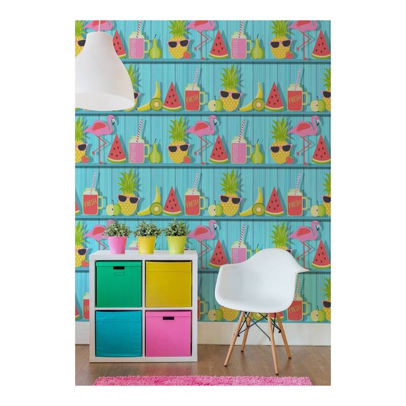 Fine Decor Kids Teal Tropical Shelves Wallpaper