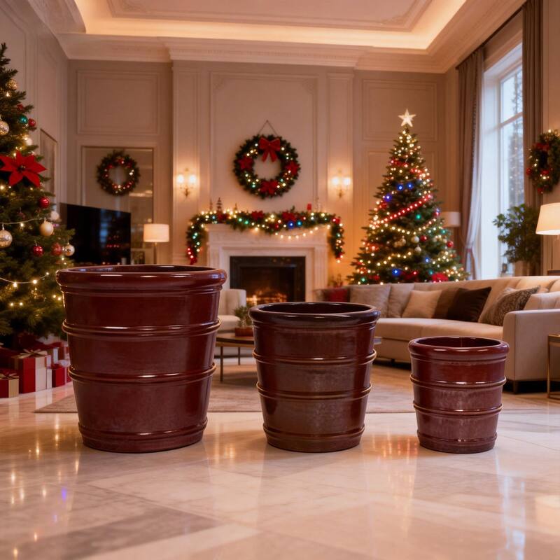 Handmade Glazed Ceramic Planter Set of 3, 16/13/10 Inch Diameter, Horizontal Rib Design - Bean paste red