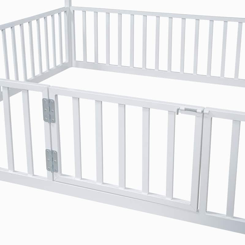 Twin Size House Design Platform Bed, Metal Floor Bed Frame with Fence, Door and Roof for Children, Boys and Girls