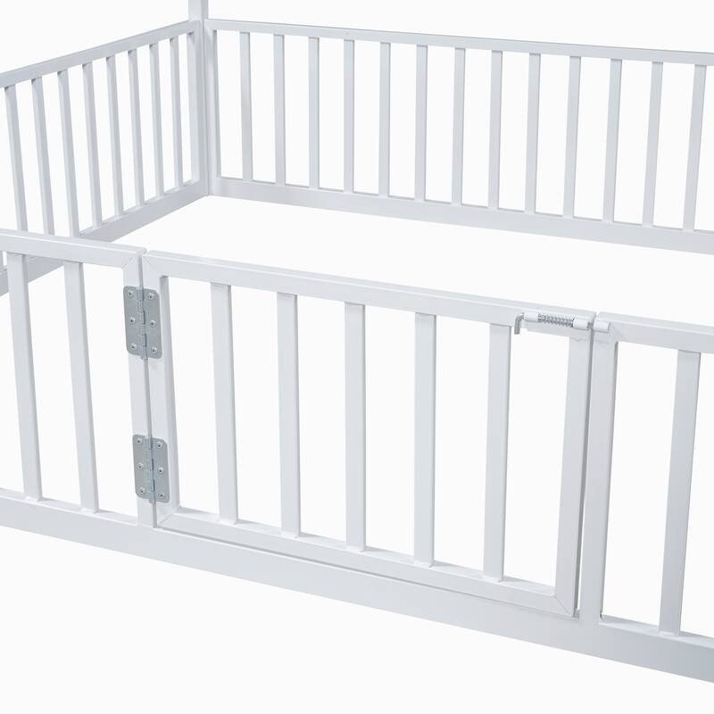 White Twin Size Metal House Bed with Fence and Play Door for Kids