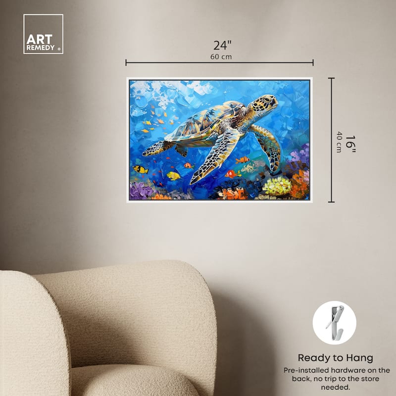 Art Remedy Turtle Swimming Framed Colorful Coastal 1 Piece Canvas Wall Art