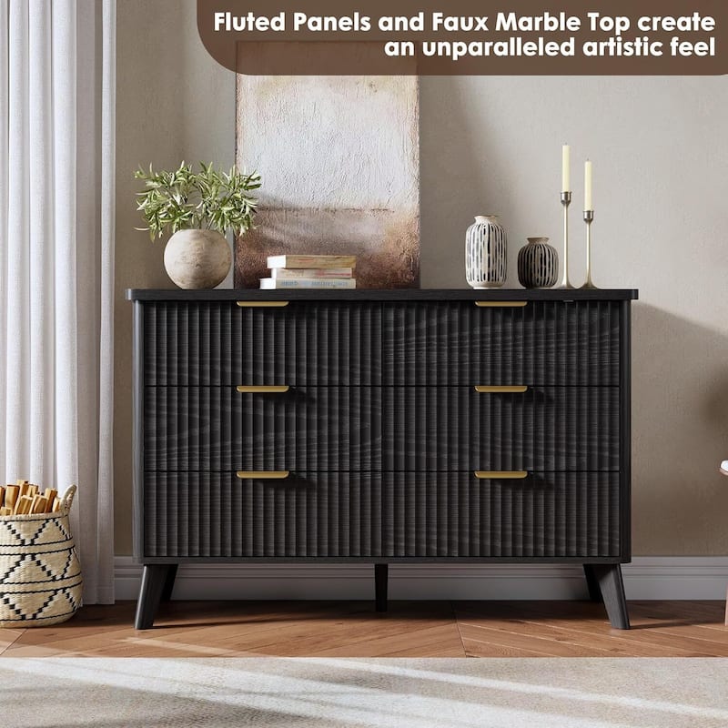Modern Fluted 6 Drawers Dresser TV Stand for Living Room, Bedroom