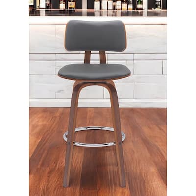 30" Gray And Wood Brown Faux Leather Swivel Low Back Bar Height Bar Chair