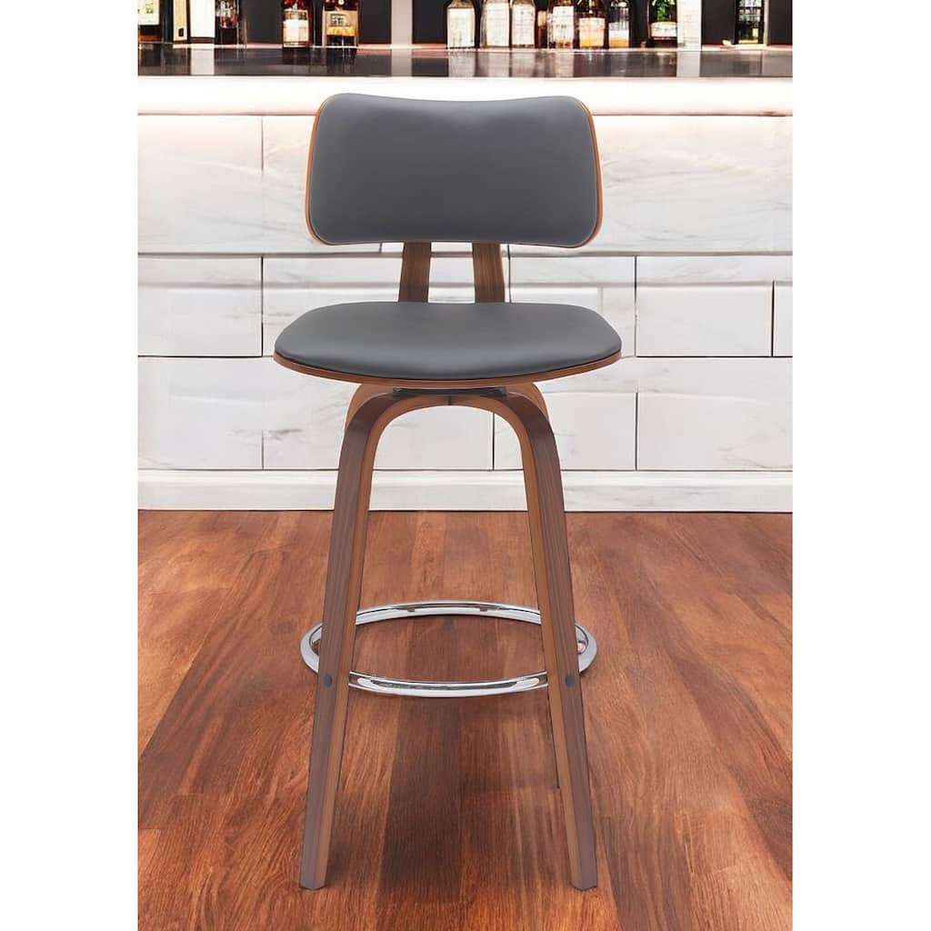 30" Gray And Wood Brown Faux Leather Swivel Low Back Bar Height Bar Chair