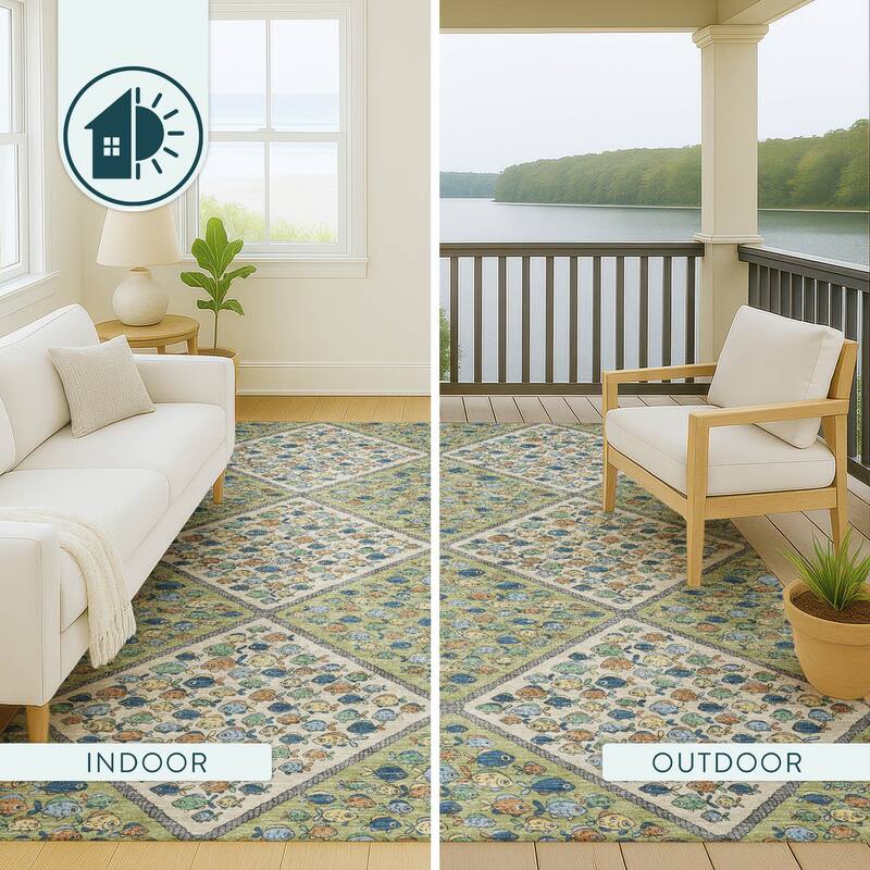 Machine Washable Indoor/ Outdoor Diamond Fish Chantille Rug