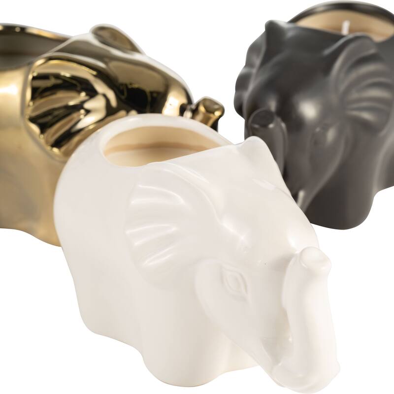 Set of Three 5"H 7" Diameter Gold, Ivory, and Black Colored Ceramic Elephant Soy Candle 9oz Pumeria-scented for Indoor
