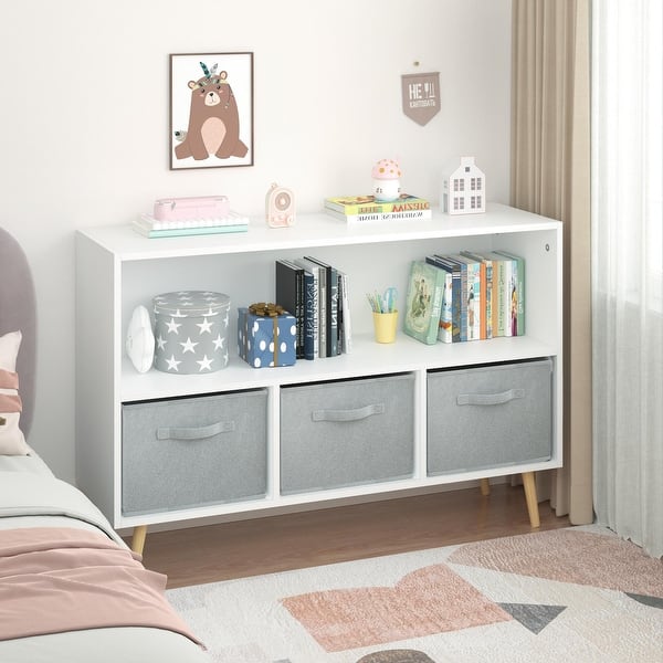 slide 2 of 11, Kids bookcase with Collapsible Fabric Drawers, Children's Book Display, Toy Storage Cabinet Organizer Grey