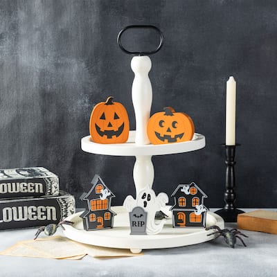 Glitzhome Halloween Wooden Haunted House, Pumpkin & Ghost Table Block Set with Tiered Tray