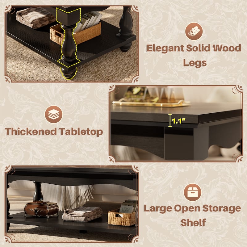 French Country Coffee Table with Storage Shlef, Farmhoues Retangular Living Room Table