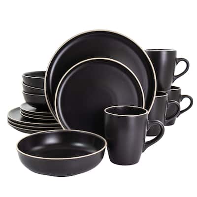 16 Piece Round Stoneware Dinnerware Set in Black - N/A