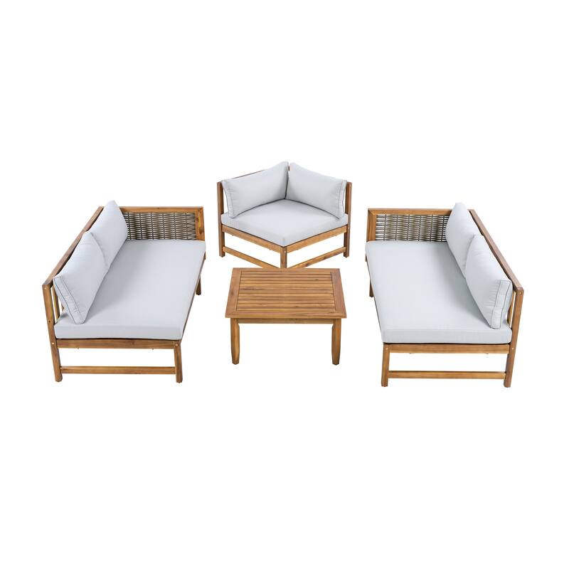 Premium Sectional Seating Group with Waterproof Cushions and Acacia Wood Frame for Outdoor Use Light Gray