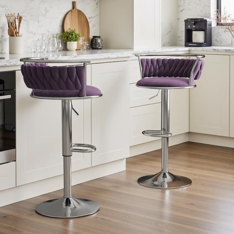 Set of 2 Velvet Adjustable Swivel Bar Stools - Silver/Purple
