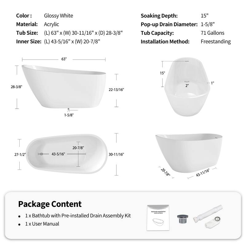 63" Glossy White Acrylic Freestanding Bathtub
