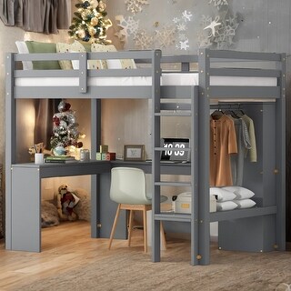 Wood Loft Bed Frame with Storage Shelves,1 Cabinet and 2 Drawers,L-shaped Desk,Full Size