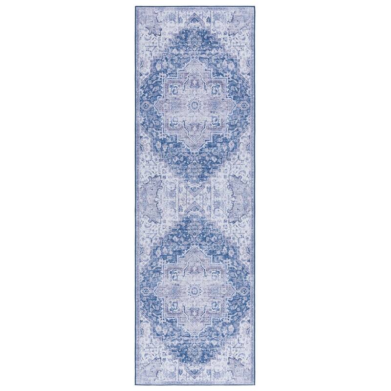 SAFAVIEH Tucson Machine Washable Slip Resistant Mallaury Distressed Rug - 2'6" x 8' Runner - Navy/Grey