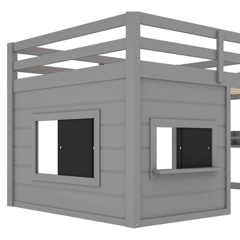 Roomfitters Low Loft Bed with Sliding Chalkboard and Bookshelf, House Frame Design